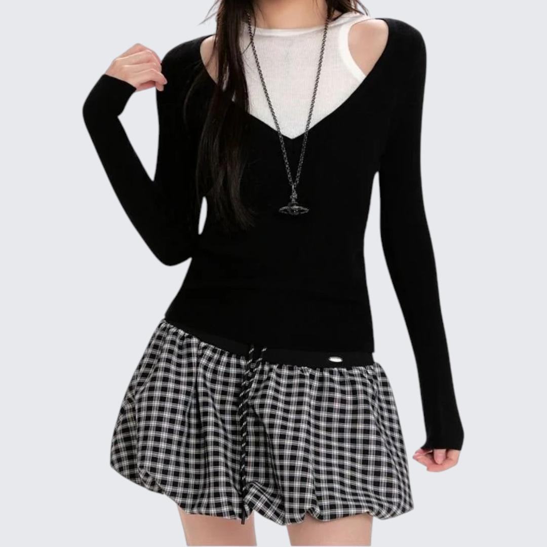 Spring & Autumn Fake Two-Piece Off-Shoulder Long-Sleeve Sweater