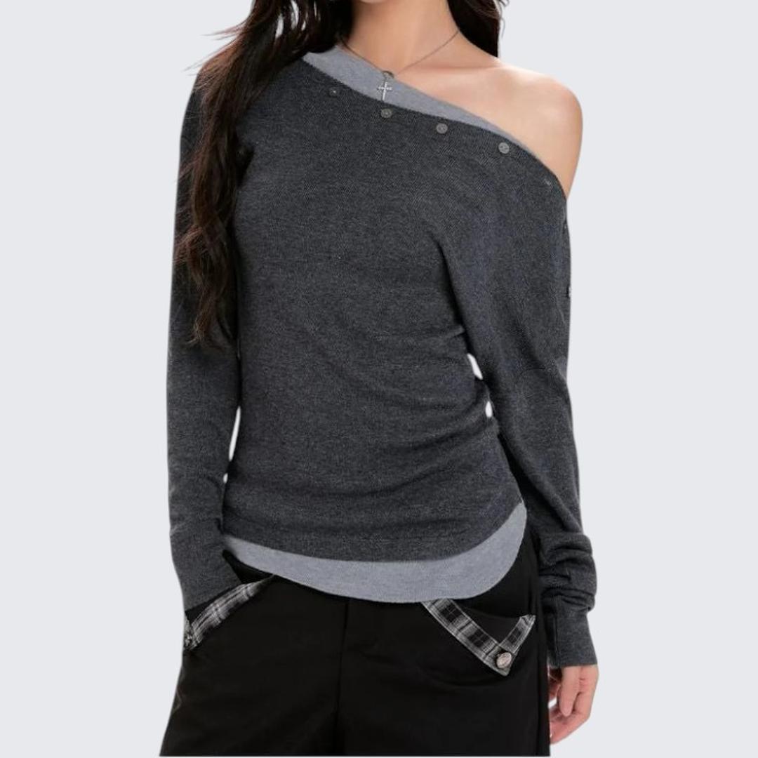 Spring & Autumn Gray Oblique - Shoulder Short Long - Sleeve Sweater - tutufox -