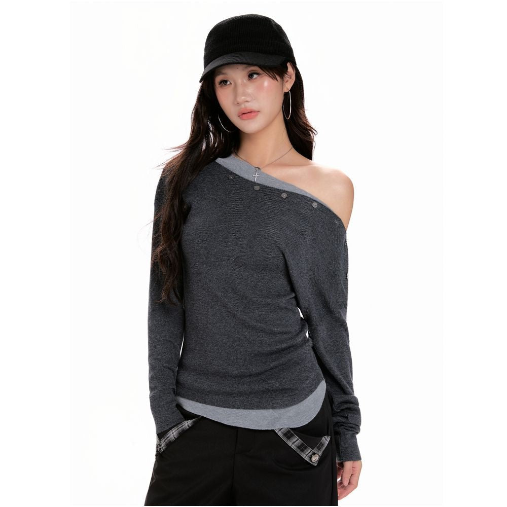 Spring & Autumn Gray Oblique-Shoulder Short Long-Sleeve Sweater