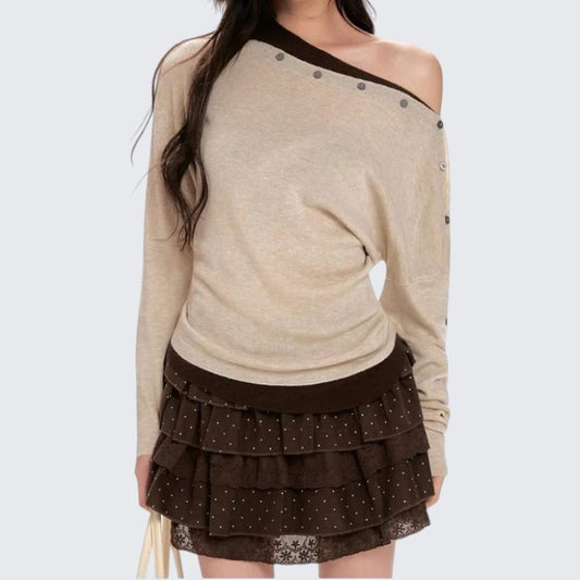 Spring & Autumn Gray Oblique - Shoulder Short Long - Sleeve Sweater - tutufox -