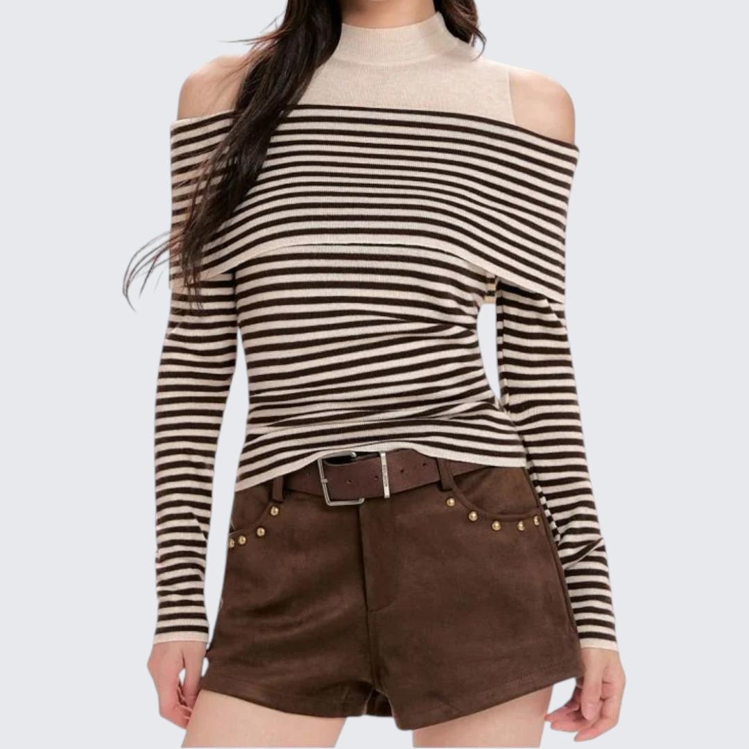 Spring & Autumn Half-High Collar Striped Long-Sleeve Sweater