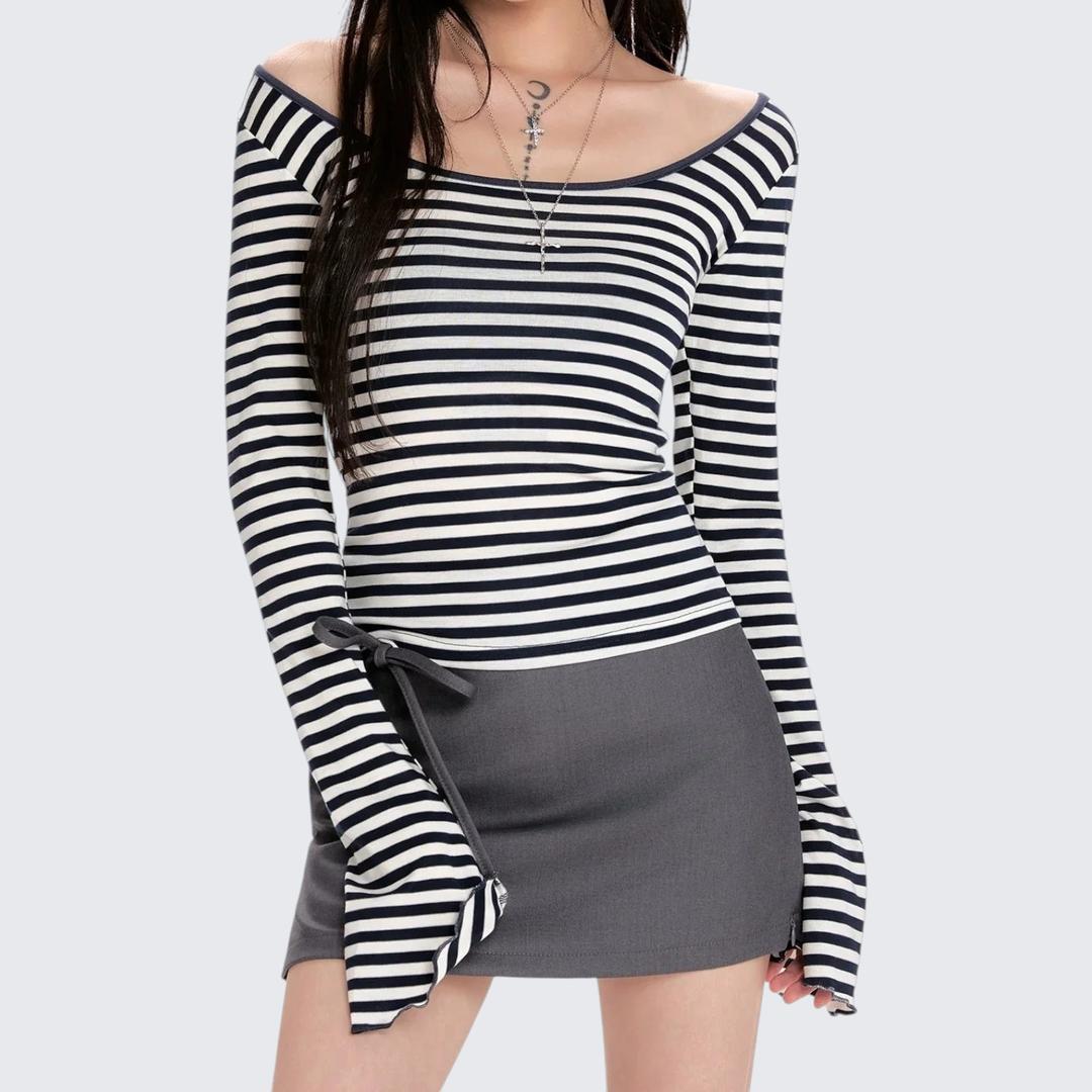 Spring - Autumn Navy Stripe Fitted Cropped Long - Sleeve T-Shirt - tutufox -