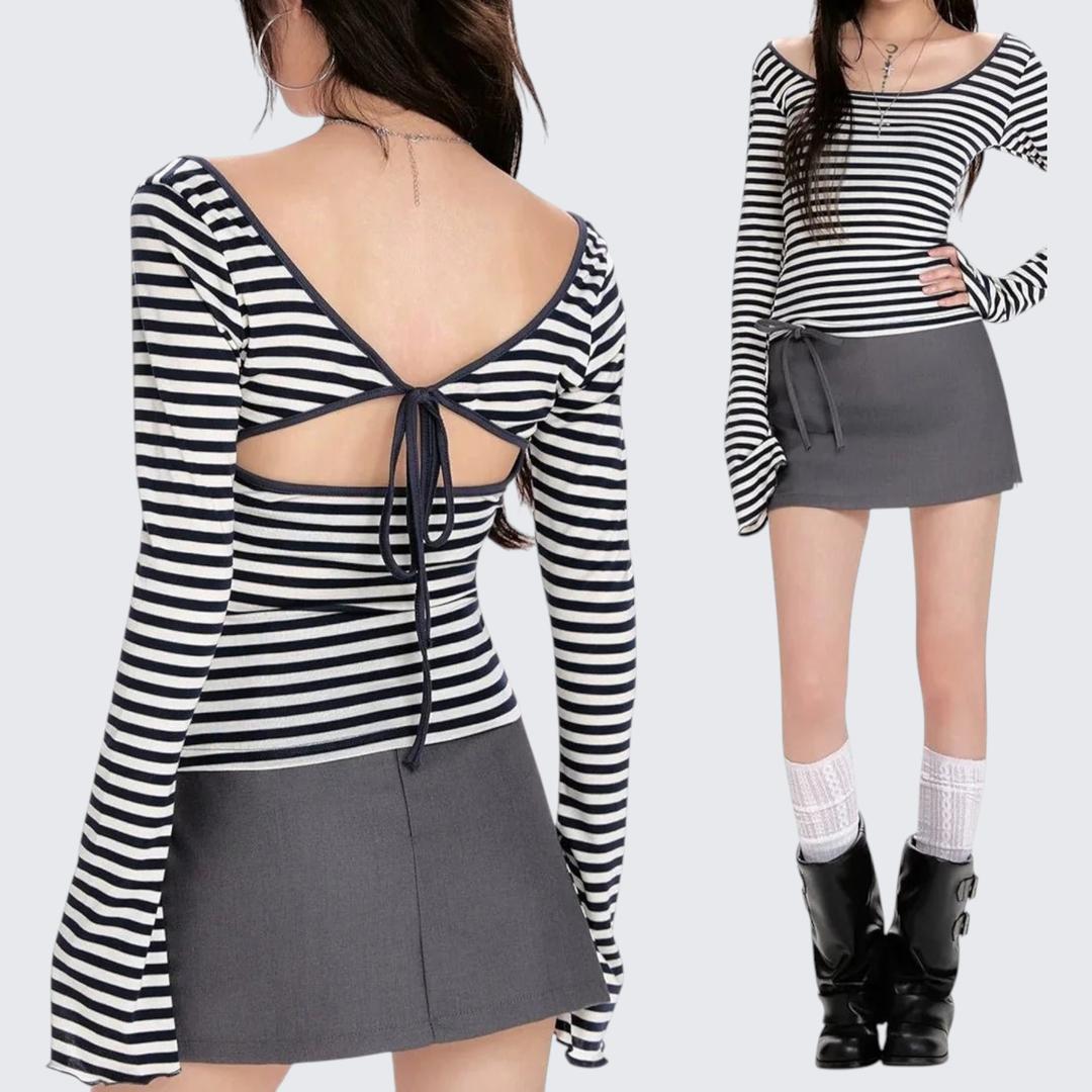 Spring - Autumn Navy Stripe Fitted Cropped Long - Sleeve T-Shirt - tutufox -