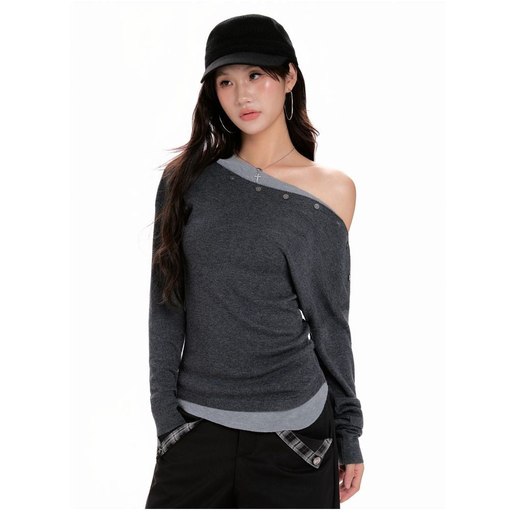 Spring & Autumn Oatmeal Off-Shoulder Long-Sleeve Sweater