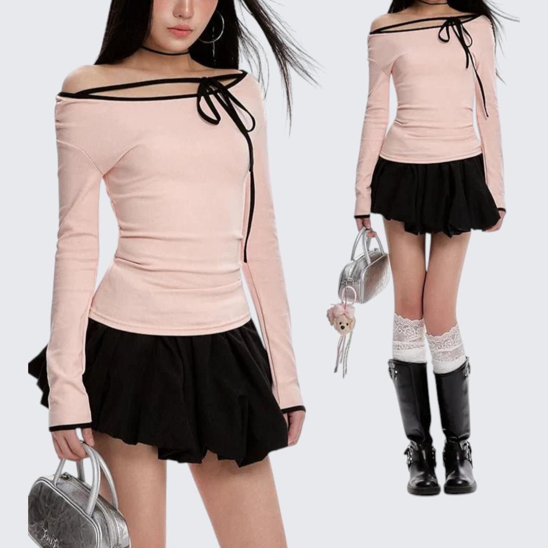 Spring - Autumn Pastel Pink Off - The - Shoulder Long - Sleeve E - Girl T-Shirt With Slim Fit & Cropped Length - tutufox -