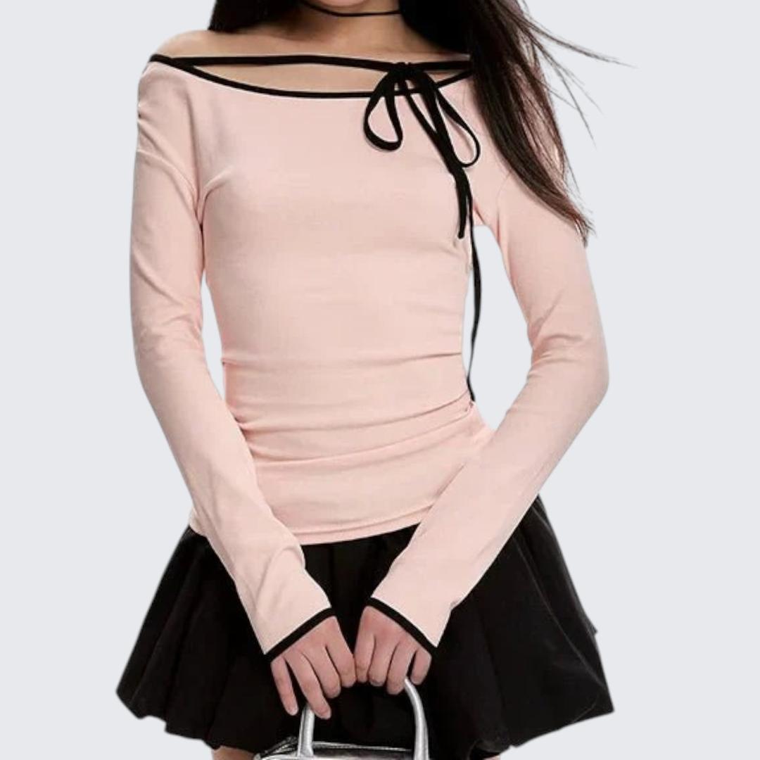 Spring-Autumn Pastel Pink Off-The-Shoulder Long-Sleeve E-Girl T-Shirt With Slim Fit & Cropped Length