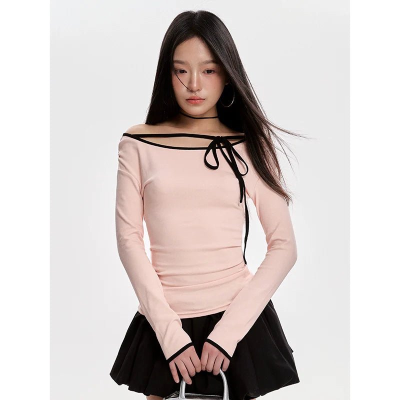 Spring - Autumn Pastel Pink Off - The - Shoulder Long - Sleeve E - Girl T-Shirt With Slim Fit & Cropped Length - tutufox -