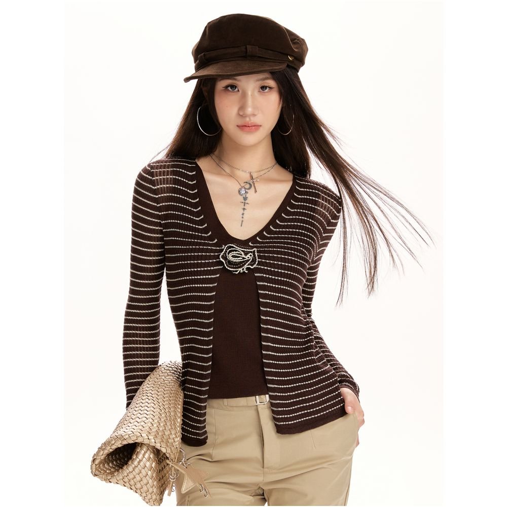 Spring & Autumn Pink Striped Two-Piece Long-Sleeve Sweater