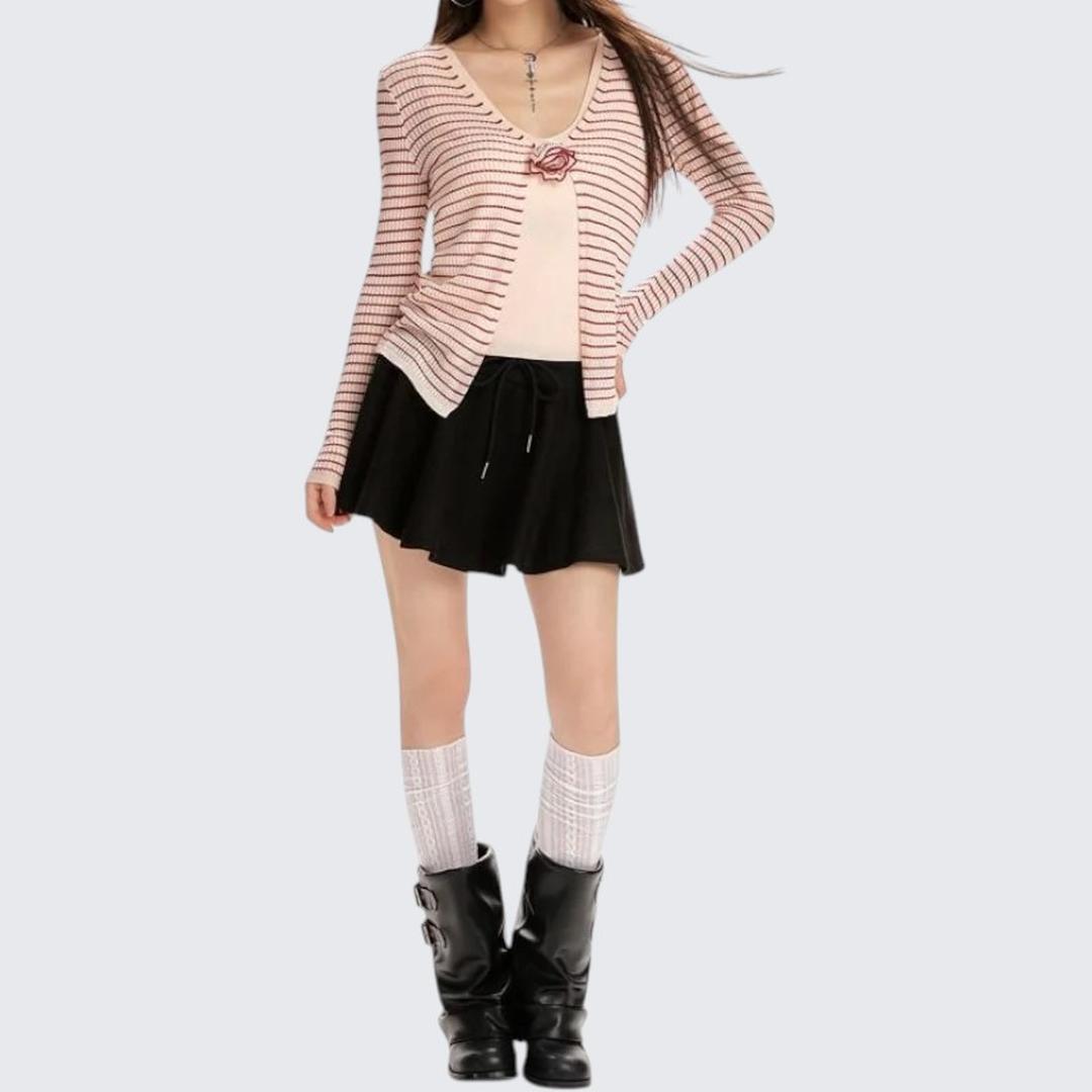 Spring & Autumn Pink Striped Two - Piece Long - Sleeve Sweater - tutufox -