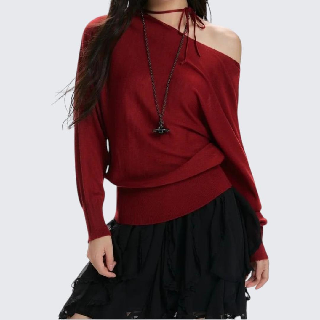 Spring & Autumn Red Oblique - Shoulder Long - Sleeve Sweater - tutufox -