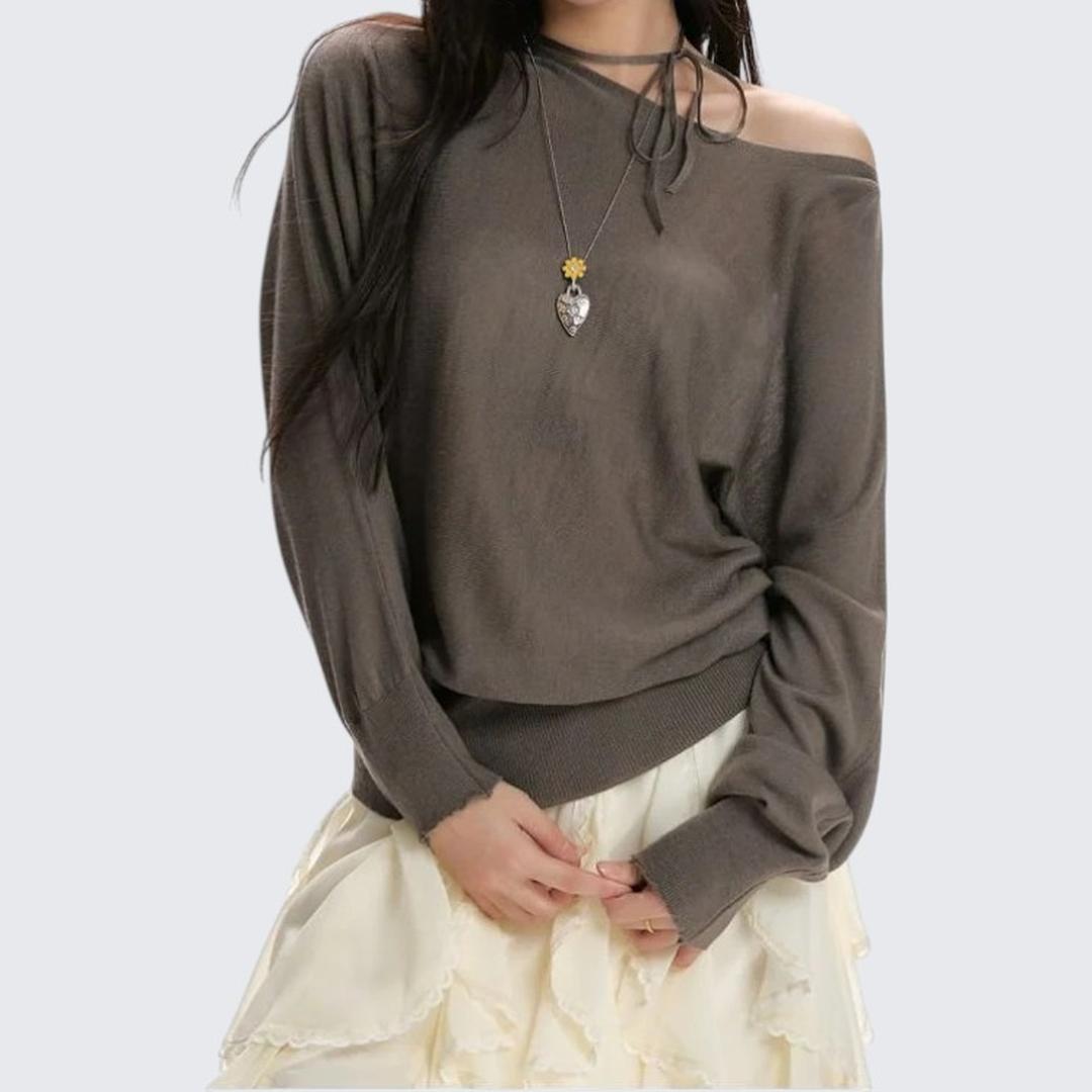 Spring & Autumn Red Oblique - Shoulder Long - Sleeve Sweater - tutufox -