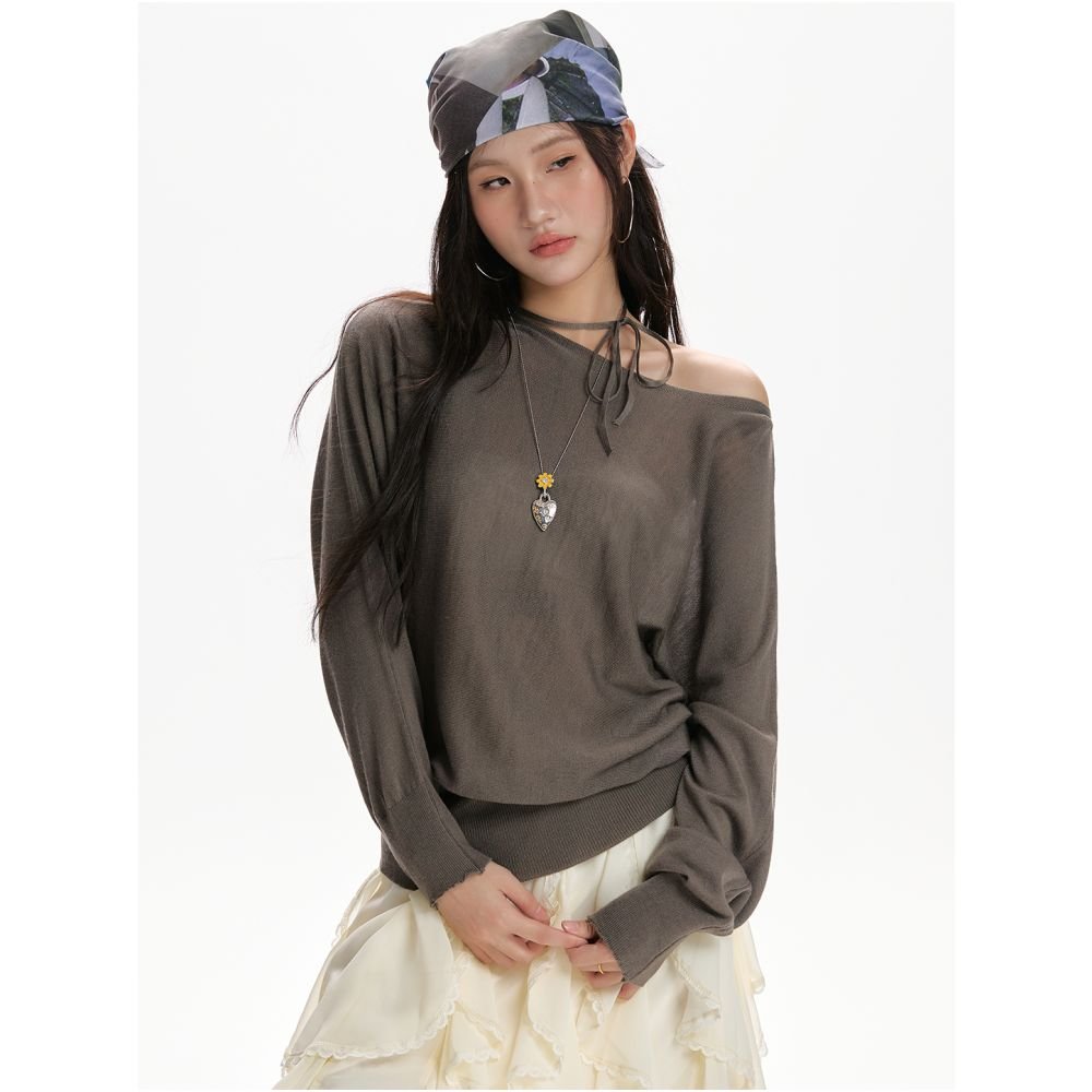 Spring & Autumn Red Oblique-Shoulder Long-Sleeve Sweater