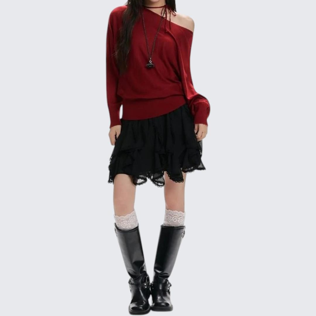 Spring & Autumn Red Oblique - Shoulder Long - Sleeve Sweater - tutufox -
