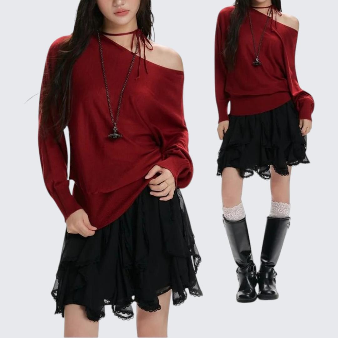 Spring & Autumn Red Oblique - Shoulder Long - Sleeve Sweater - tutufox -