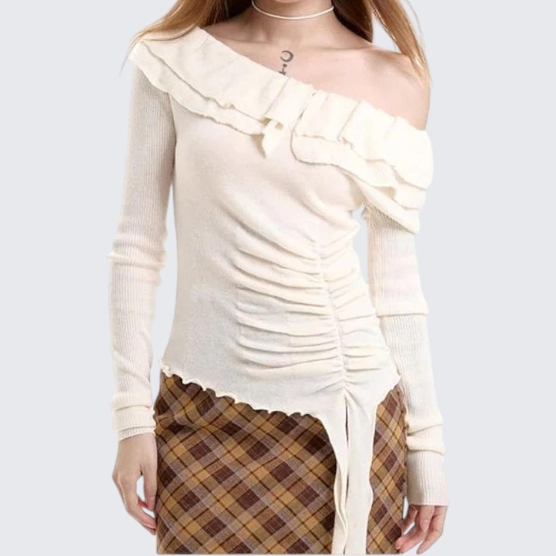 Spring & Autumn Ruffled One - Shoulder Long - Sleeve Sweater - tutufox -