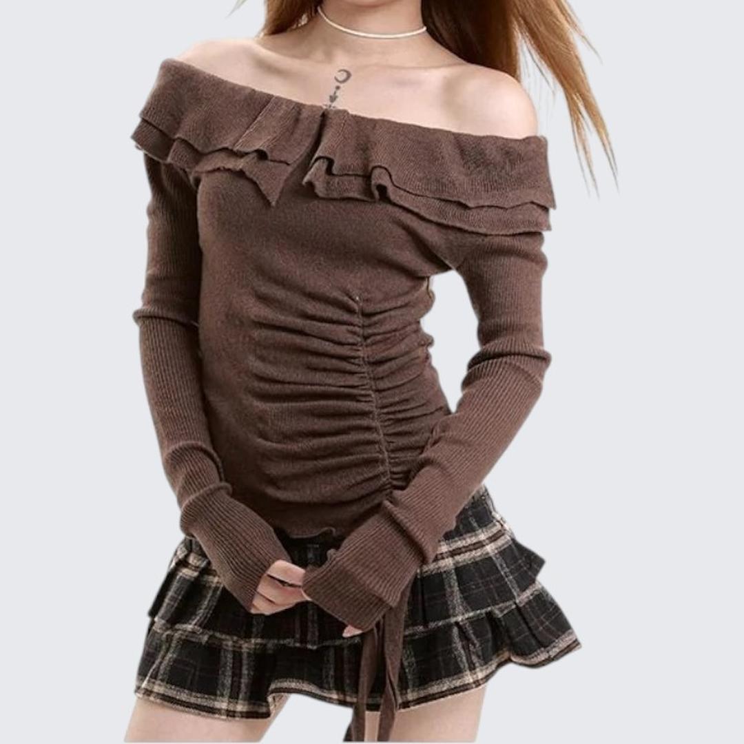 Spring & Autumn Ruffled One - Shoulder Long - Sleeve Sweater - tutufox -