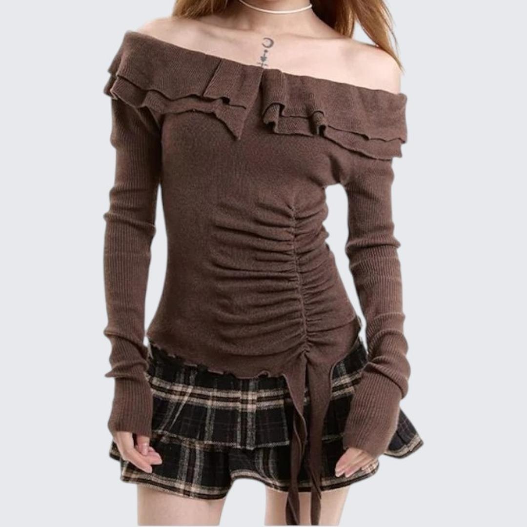 Spring & Autumn Ruffled One - Shoulder Long - Sleeve Sweater - tutufox -