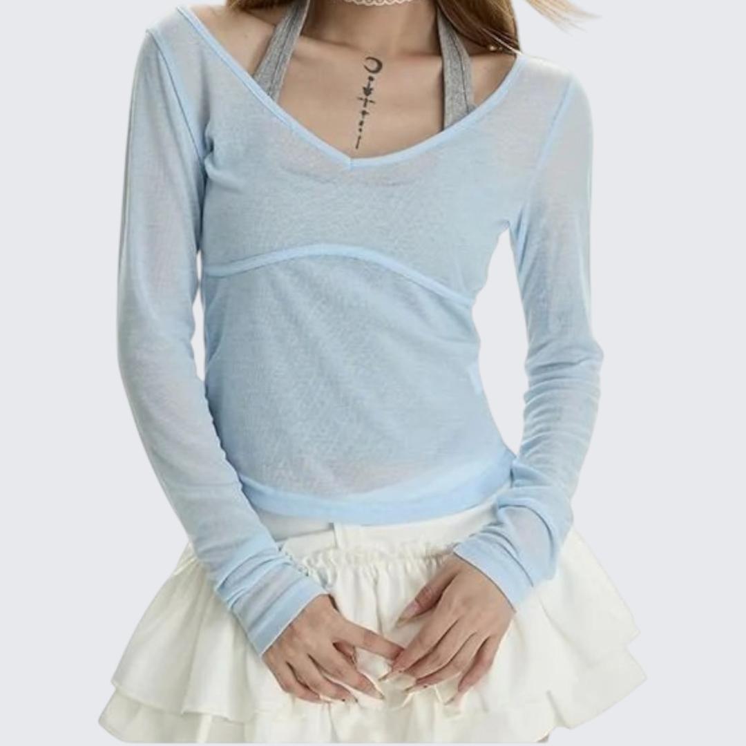 Spring & Summer Blue Long-Sleeve Two-Piece Set