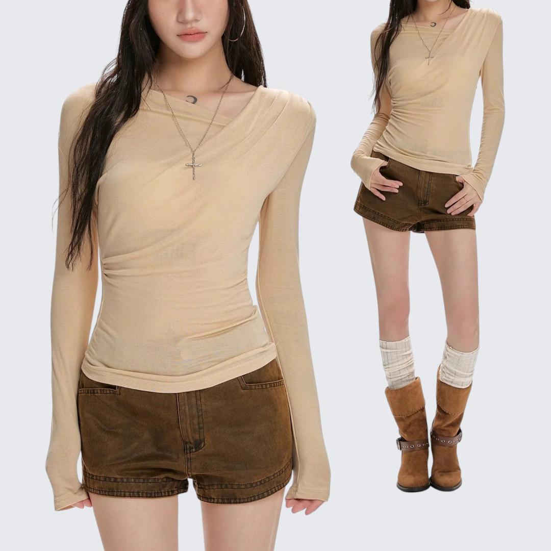 Spring - Summer Cowl - Neck Ruched Long - Sleeve T-Shirt With Slim Fit & Versatile Design - tutufox -