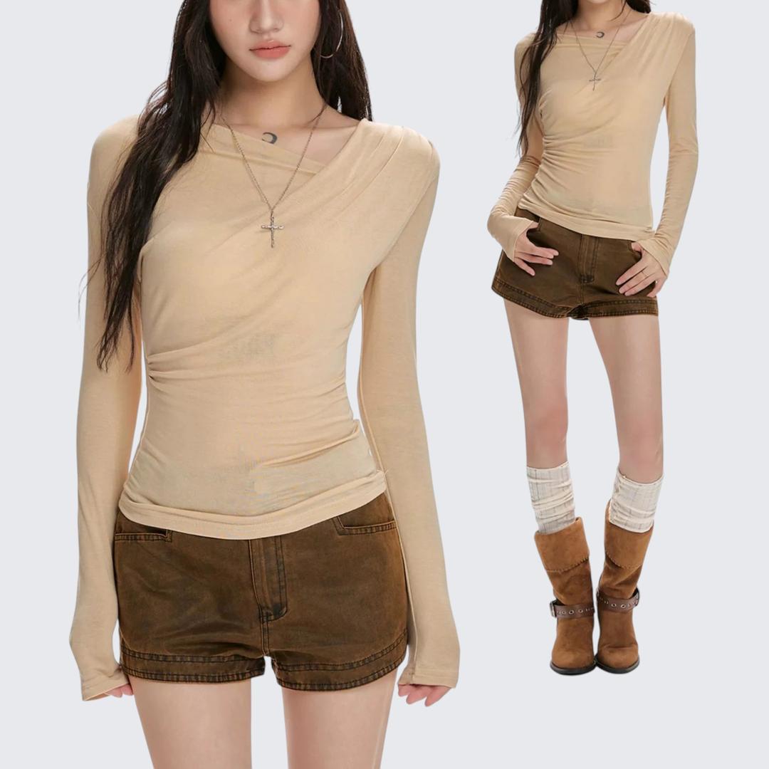 Spring - Summer Cowl - Neck Ruched Long - Sleeve T-Shirt With Slim Fit & Versatile Design - tutufox -