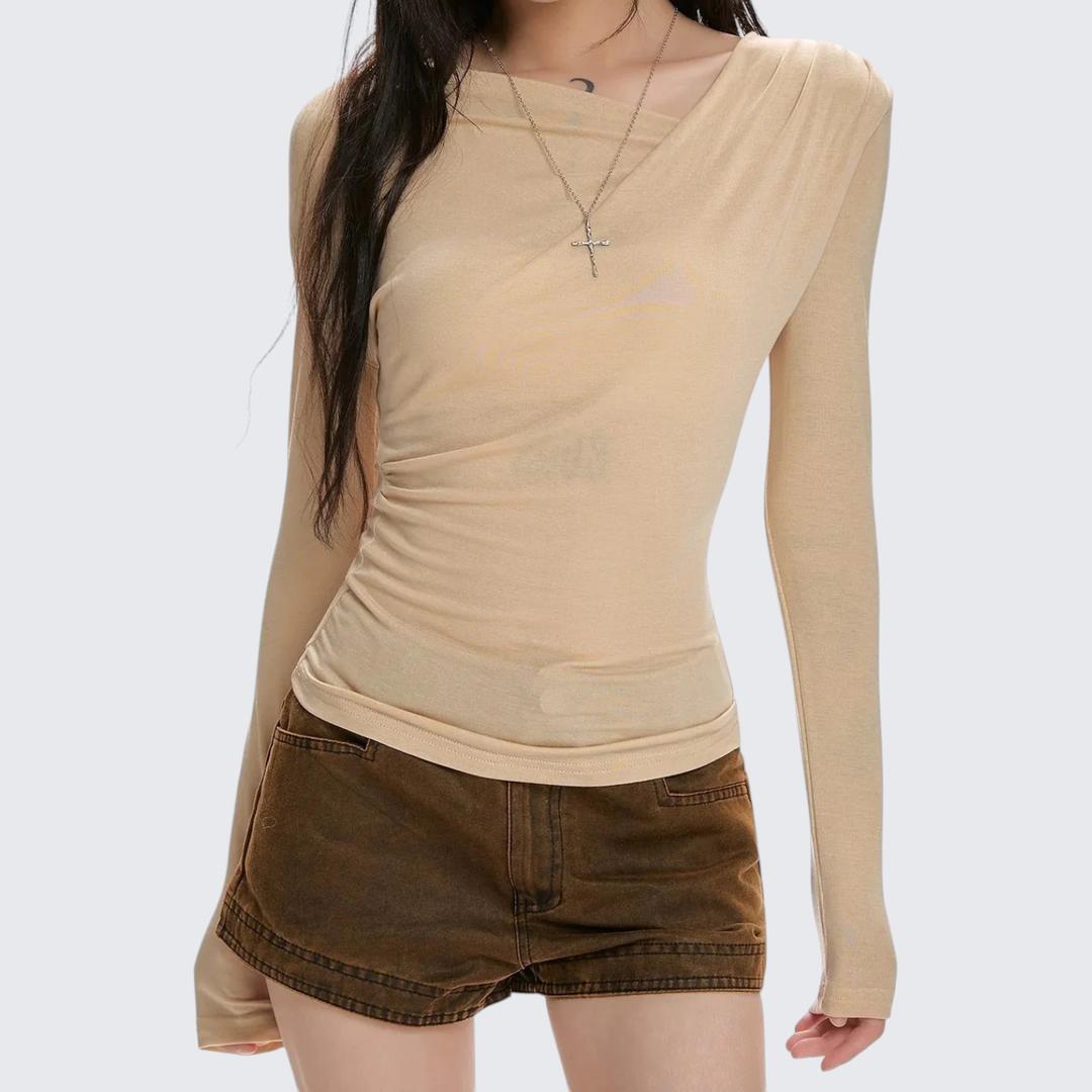 Spring - Summer Cowl - Neck Ruched Long - Sleeve T-Shirt With Slim Fit & Versatile Design - tutufox -