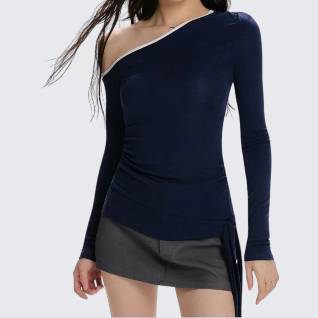 Spring & Summer Slanted-Shoulder Long-Sleeve T-Shirt With Ribbon