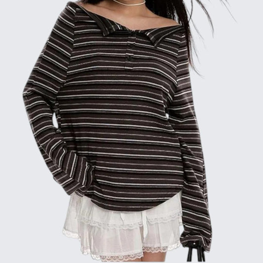 Striped One-Collar Long-Sleeve Hoodie T-Shirt For Women - Spring & Autumn