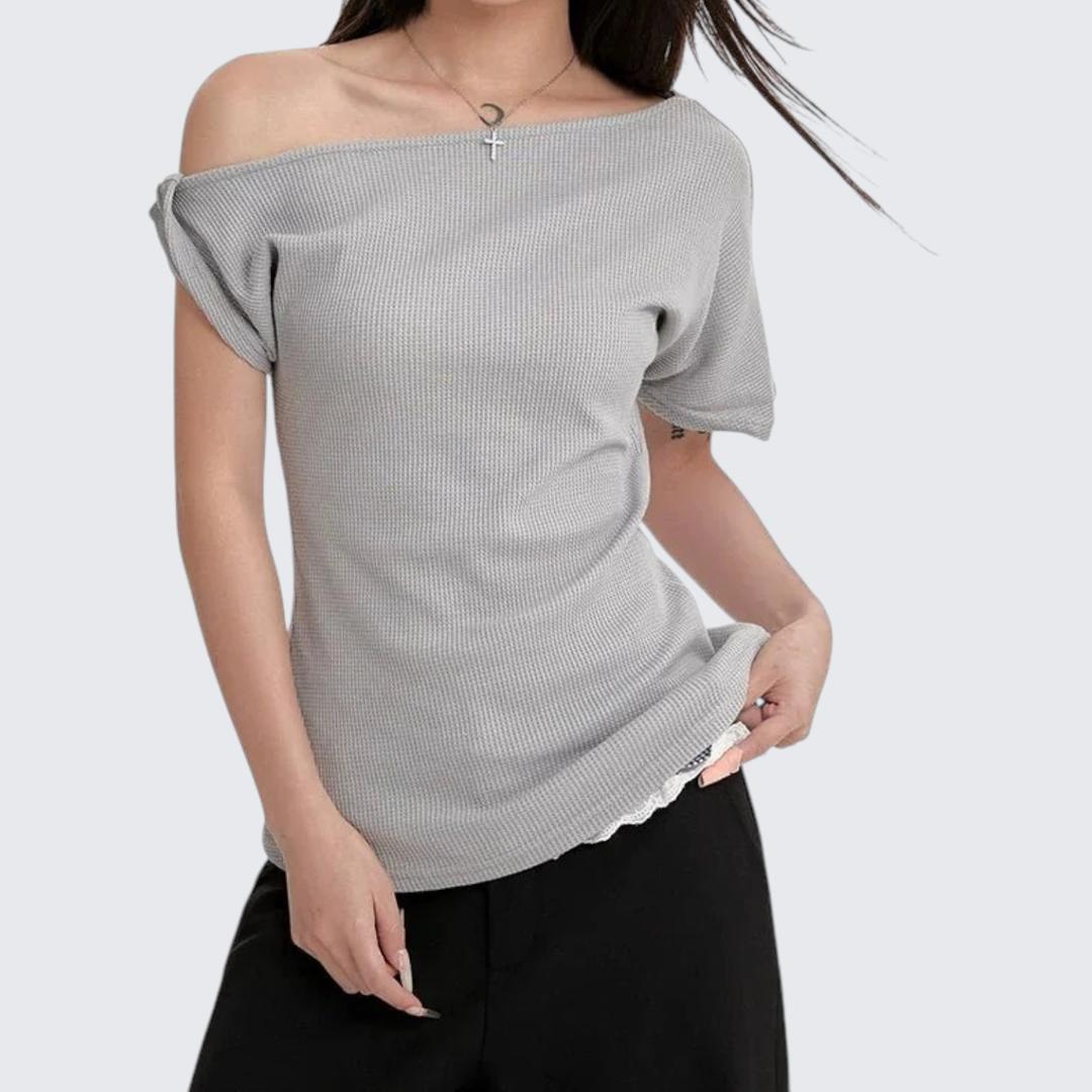 Summer Asymmetrical Slant - Neck Sleeve - Less E - Girl T-Shirt With Oversized Fit & Shoulder - Baring Design - tutufox -