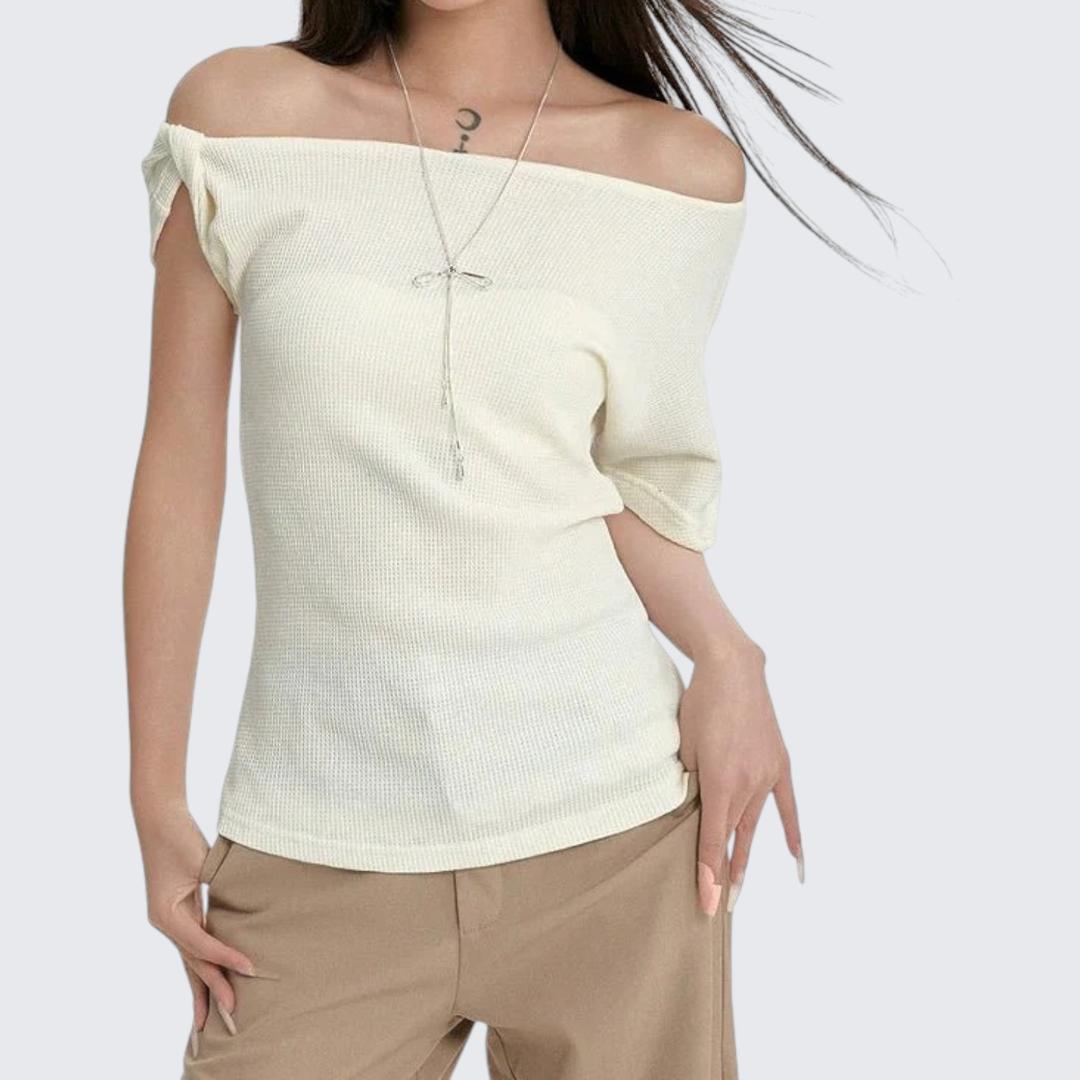 Summer Asymmetrical Slant - Neck Sleeve - Less E - Girl T-Shirt With Oversized Fit & Shoulder - Baring Design - tutufox -