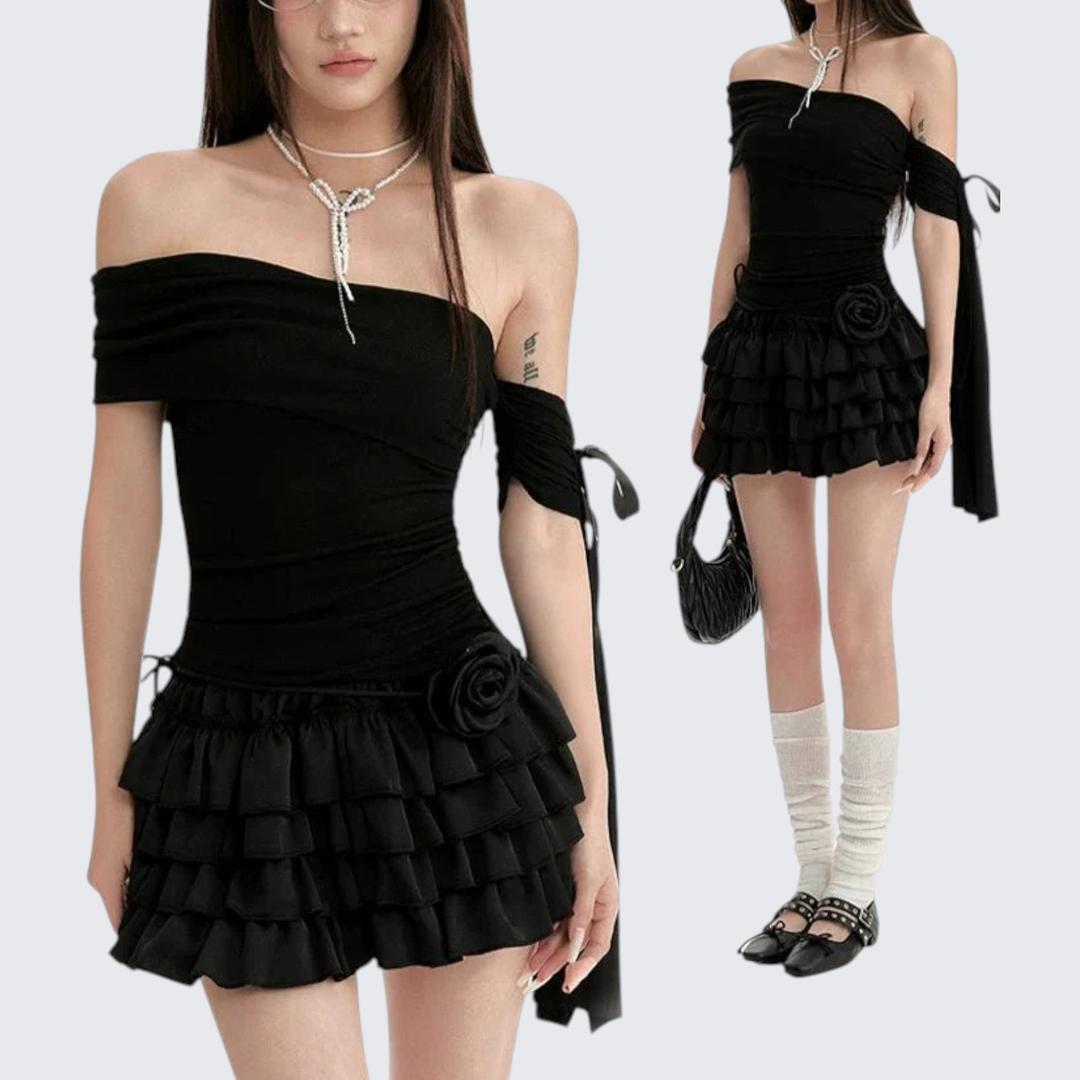 Summer Black Off - The - Shoulder Short - Sleeve E - Girl T-Shirt With Ribbon Details & Waist - Cinching Fit - tutufox -