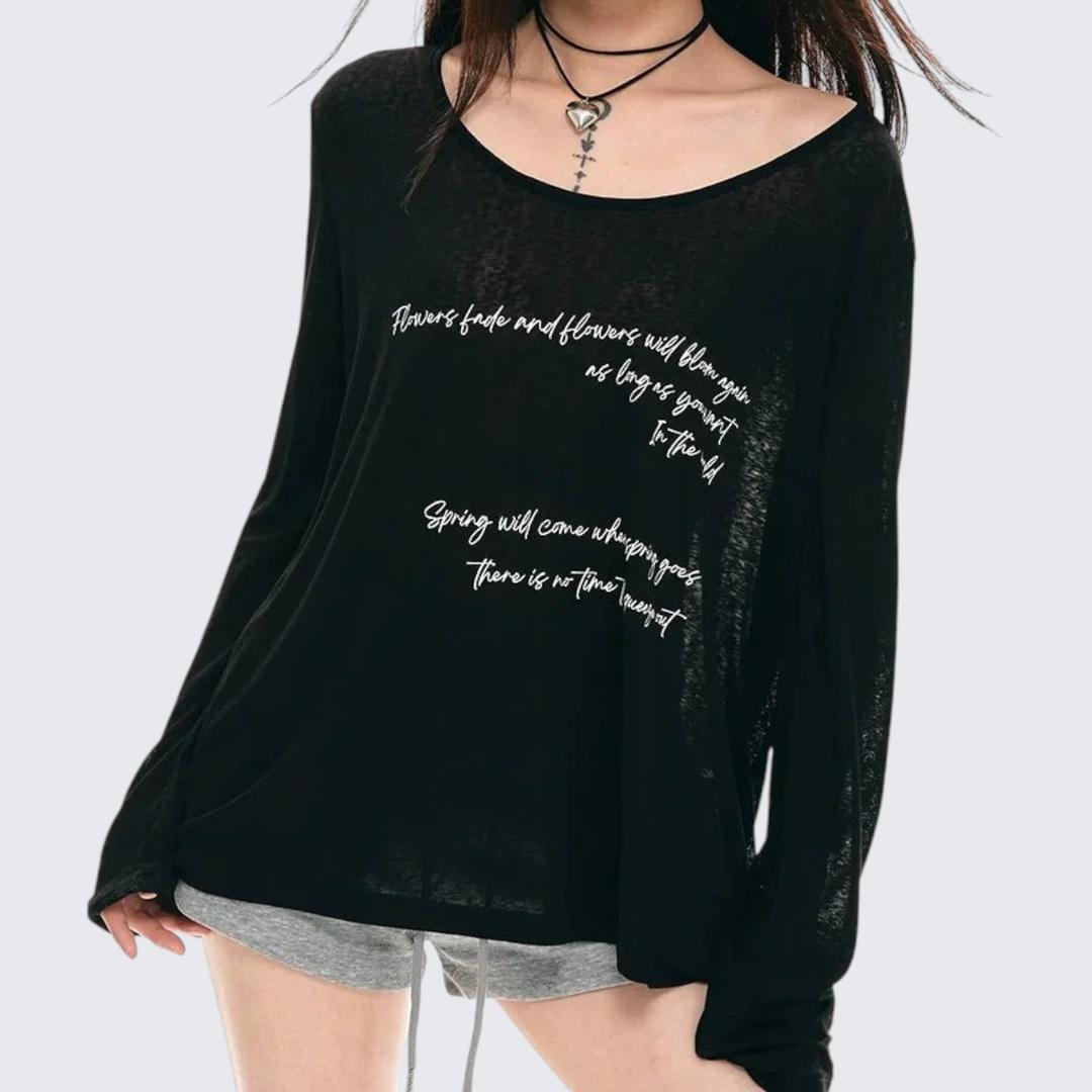 Summer Black Oversized Letter - Print Long - Sleeve T-Shirt With Lightweight Sun - Protect Fabric - tutufox -