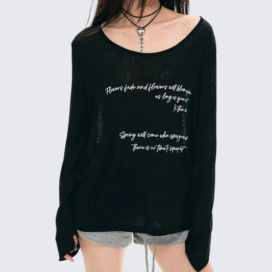 Summer Black Oversized Letter - Print Long - Sleeve T-Shirt With Lightweight Sun - Protect Fabric - tutufox -