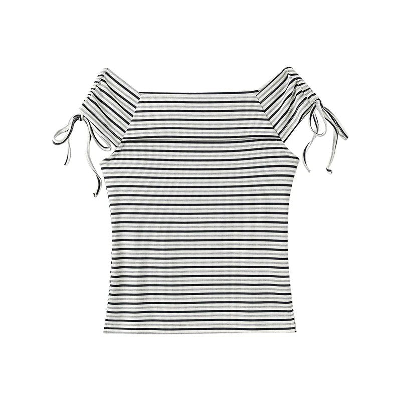 Summer Designer Off - The - Shoulder Stripe E - Girl T-Shirt - tutufox -