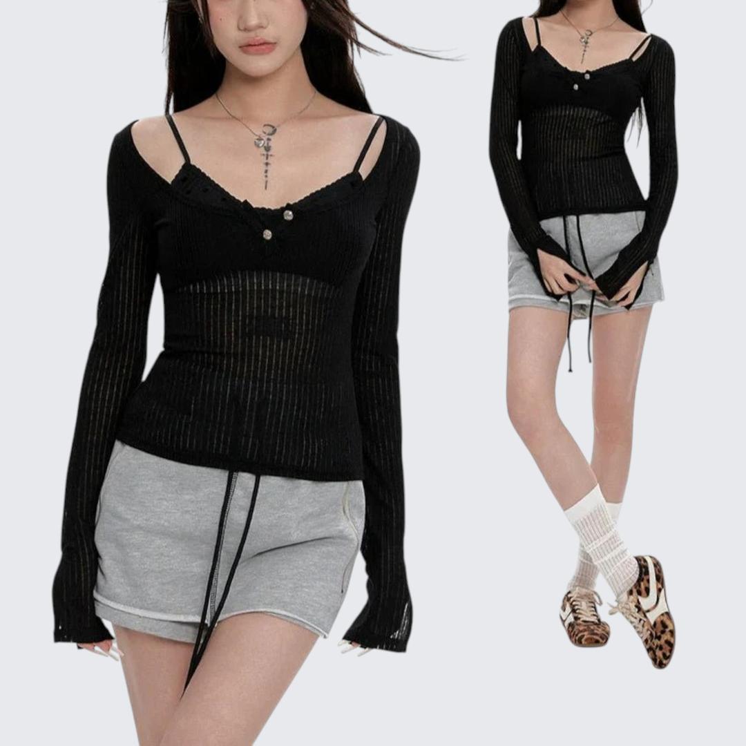 Summer Sheer Lightweight Layered - Look Long - Sleeve E - Girl T-Shirt With Slim Fit & Cropped Length - tutufox -