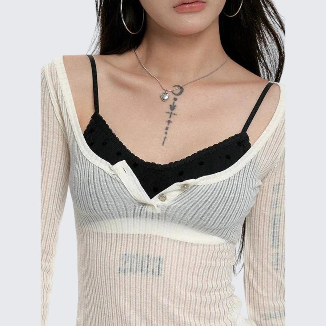 Summer Sheer Lightweight Layered - Look Long - Sleeve E - Girl T-Shirt With Slim Fit & Cropped Length - tutufox -