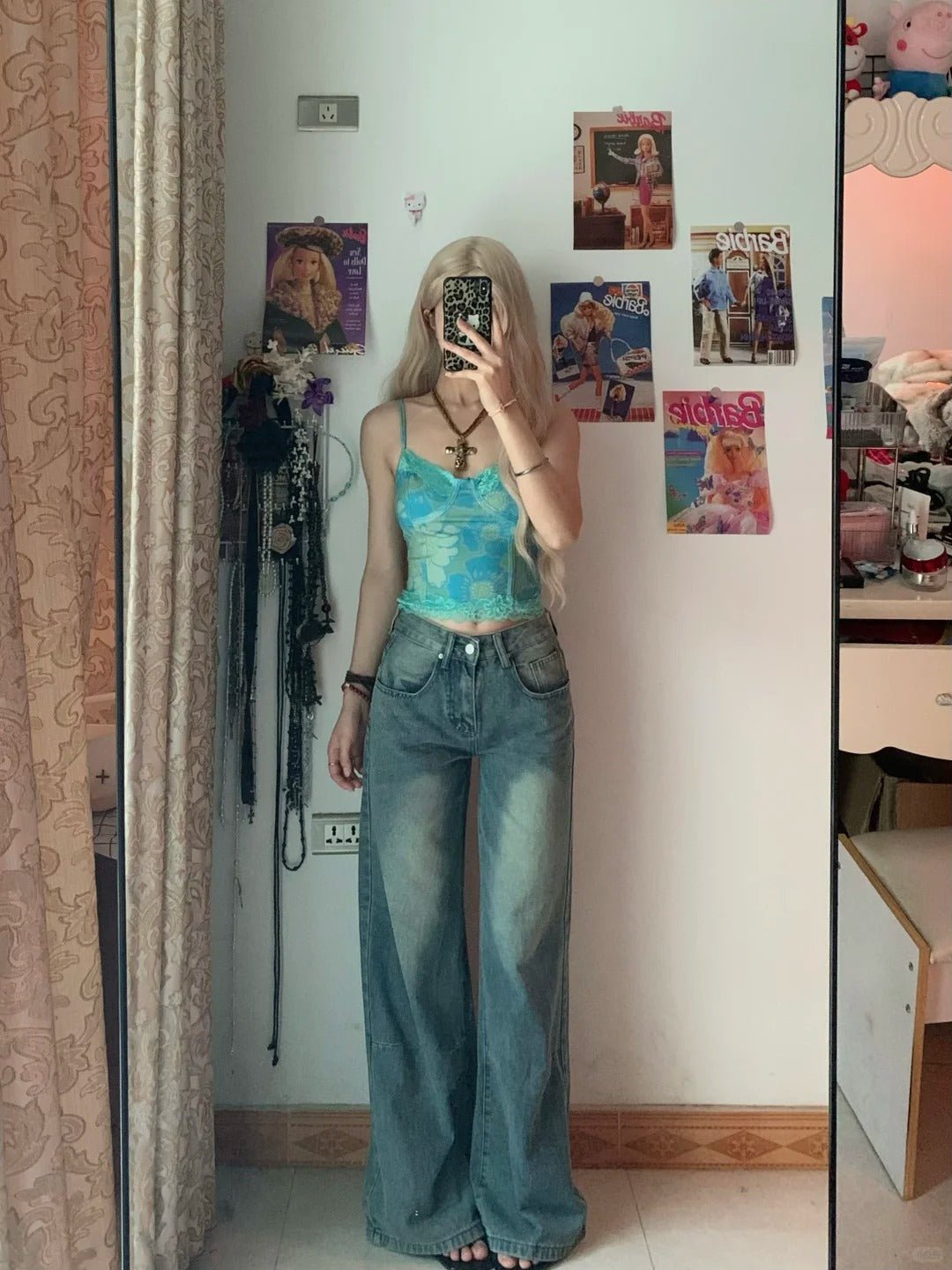 Teal Floral Cami Top and Light Blue Jeans Y2K Outfit - tutufox -