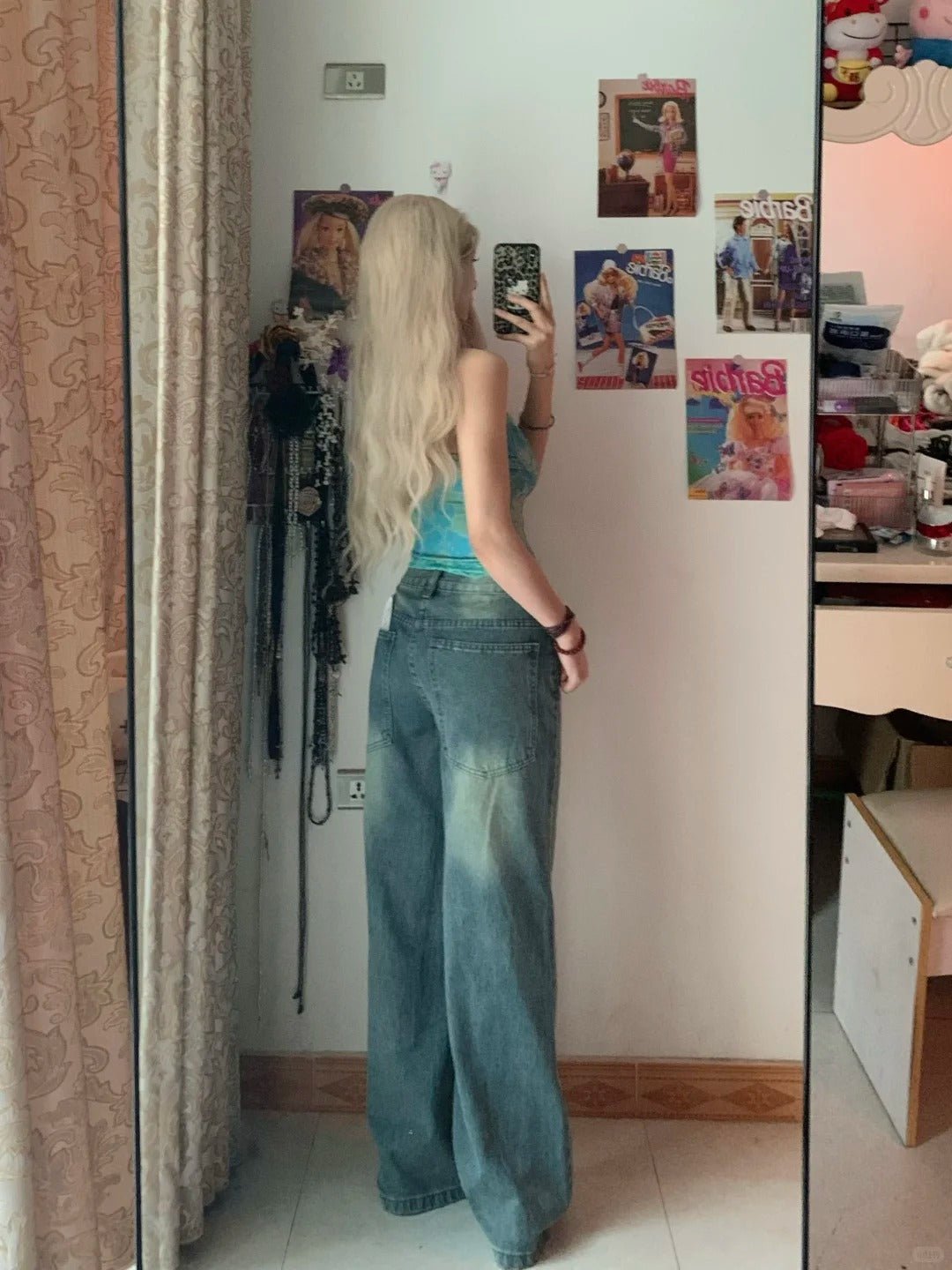 Teal Floral Cami Top and Light Blue Jeans Y2K Outfit - tutufox -