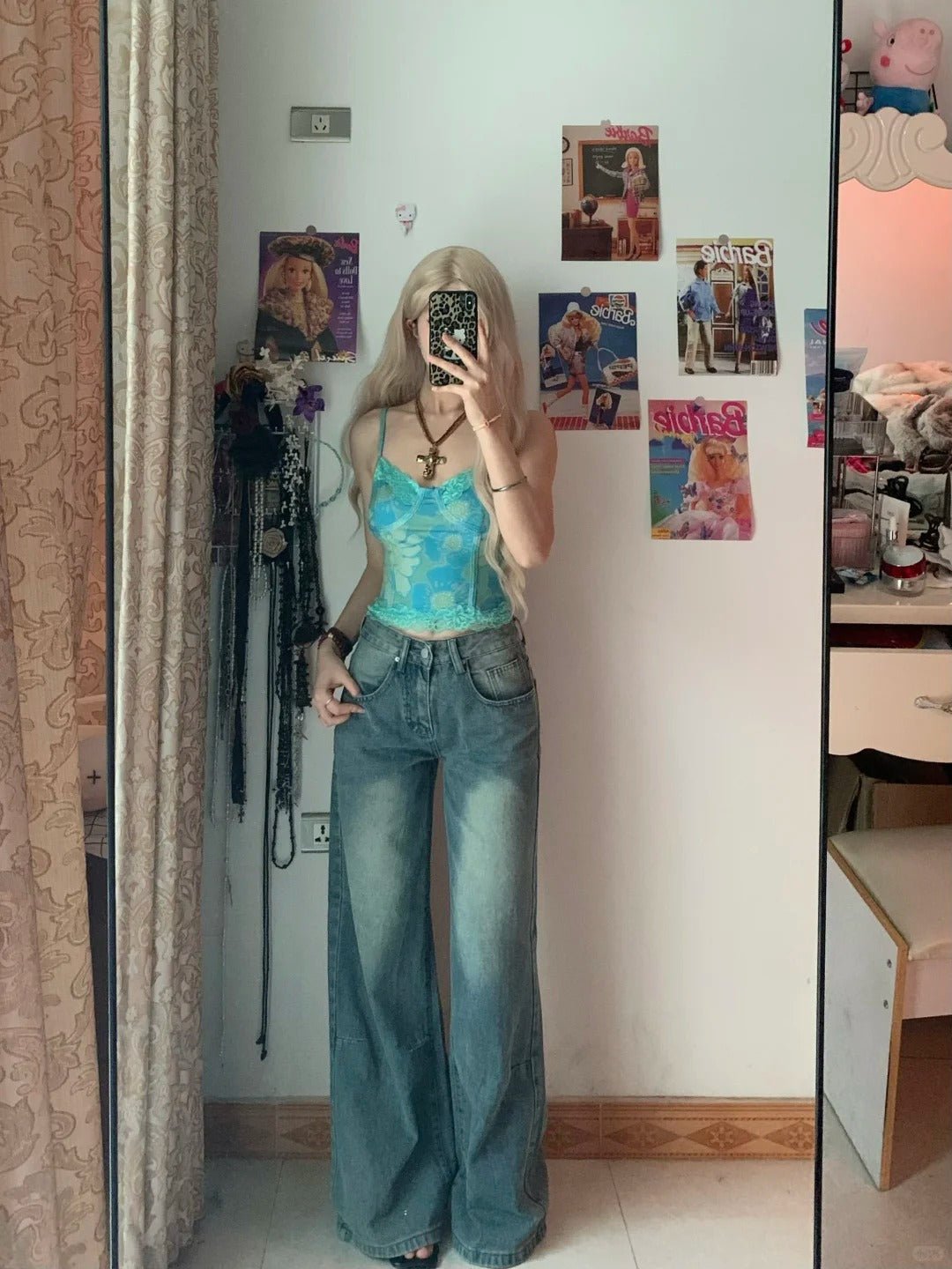 Teal Floral Cami Top and Light Blue Jeans Y2K Outfit - tutufox -