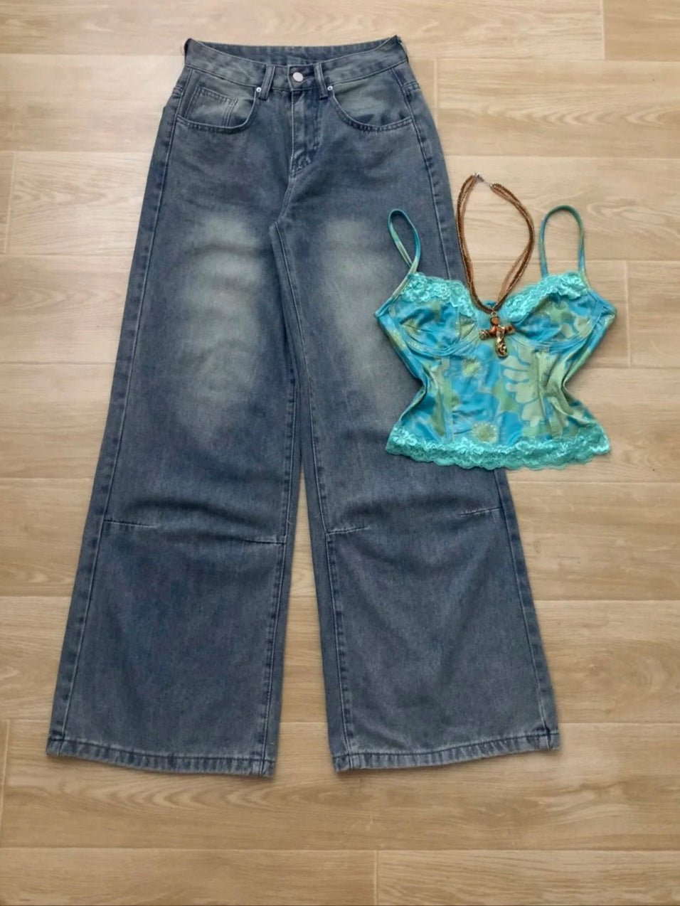 Teal Floral Cami Top and Light Blue Jeans Y2K Outfit - tutufox -