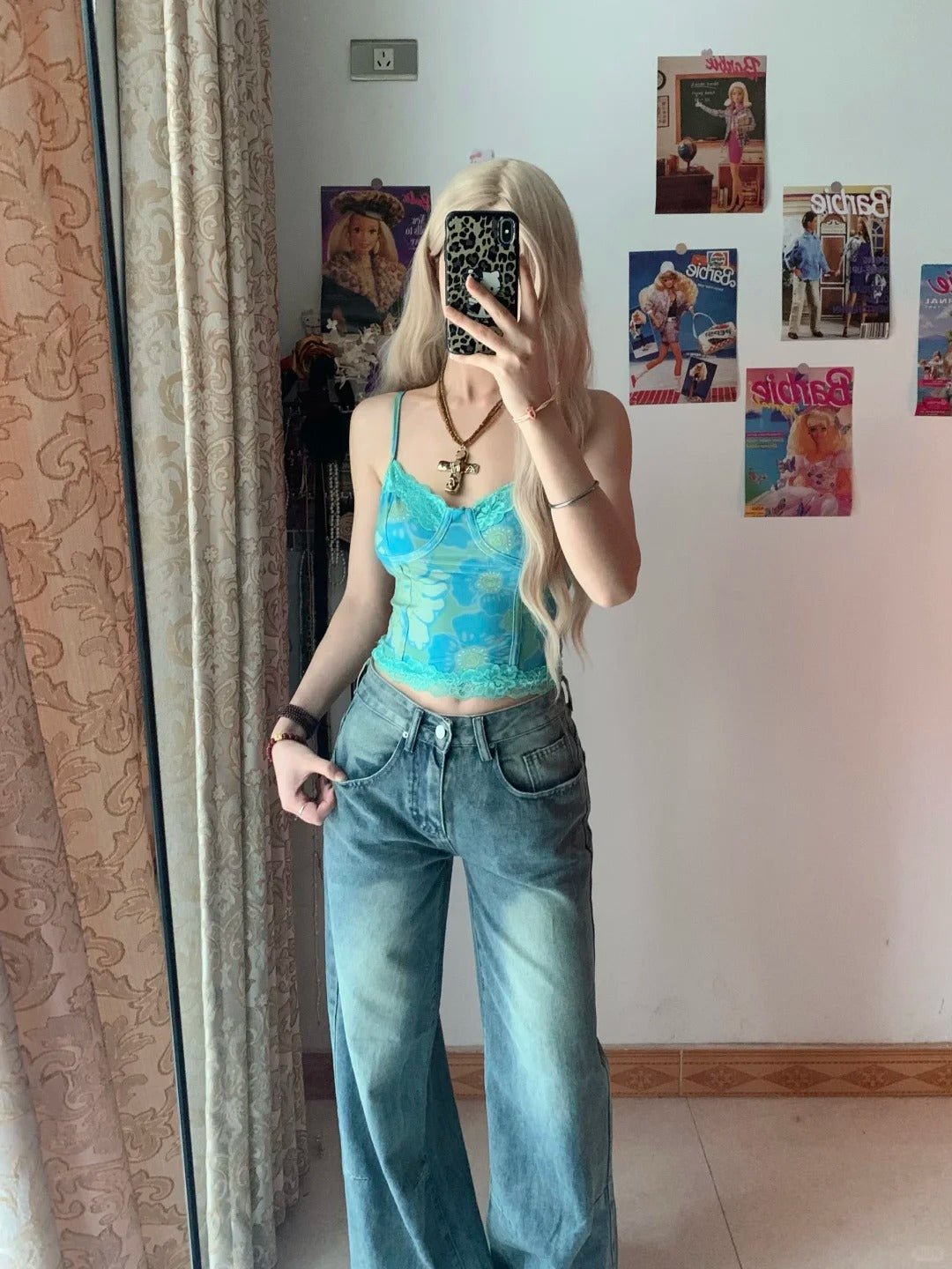 Teal Floral Cami Top and Light Blue Jeans Y2K Outfit - tutufox -