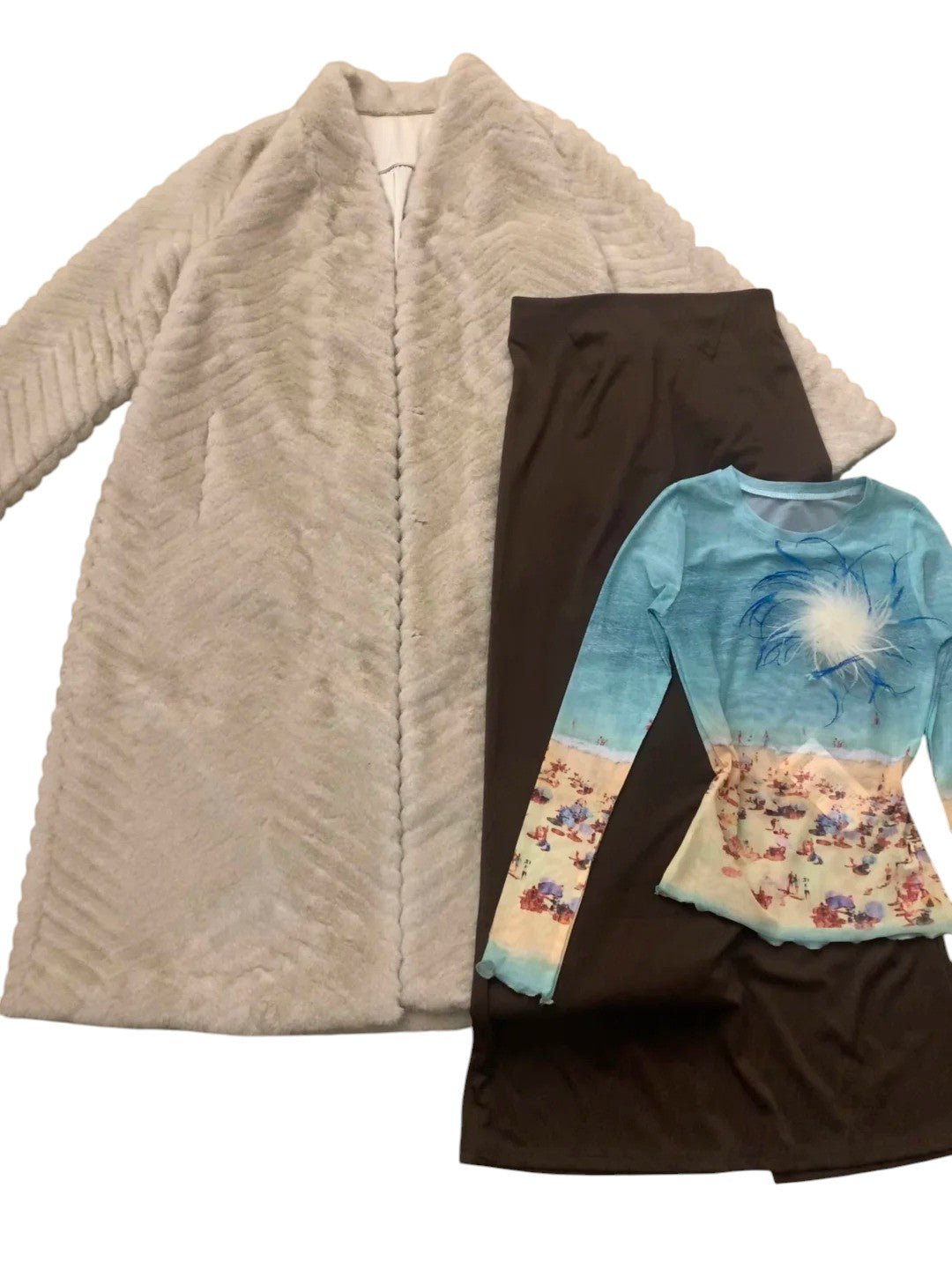 Teal Top with Brown Maxi Skirt and Cream Faux Fur Coat Y2K Three - Piece Set - tutufox -