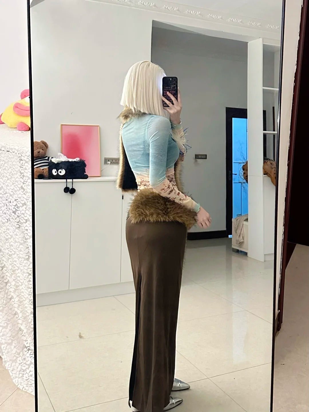 Teal Top with Brown Maxi Skirt and Cream Faux Fur Coat Y2K Three - Piece Set - tutufox -