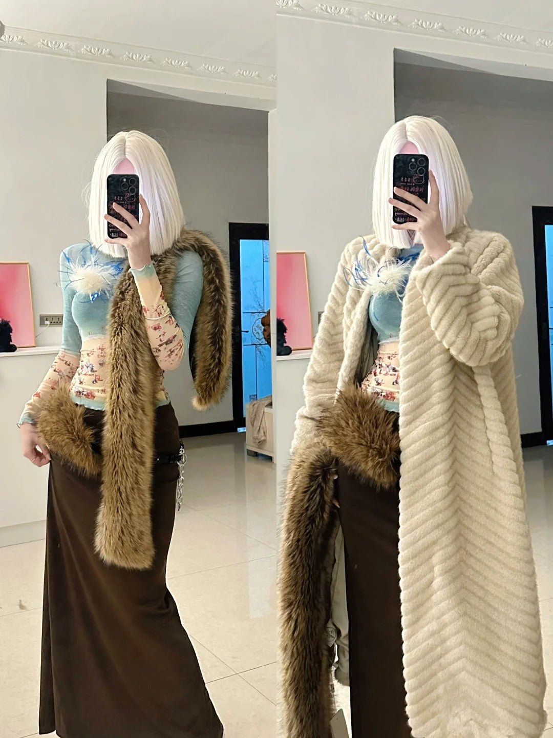 Teal Top with Brown Maxi Skirt and Cream Faux Fur Coat Y2K Three - Piece Set - tutufox -