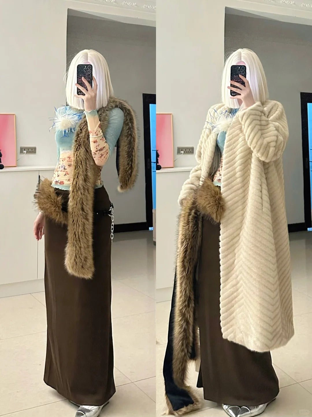 Teal Top with Brown Maxi Skirt and Cream Faux Fur Coat Y2K Three - Piece Set - tutufox -