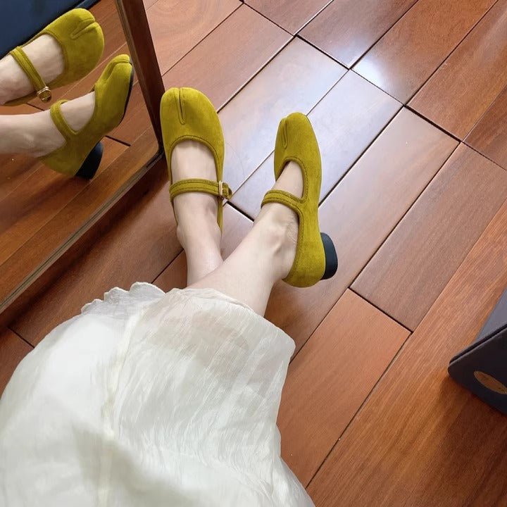 Velvet Yellow Suede Mary Jane Block Heel Split Toe Tabi - tutufox - tabis