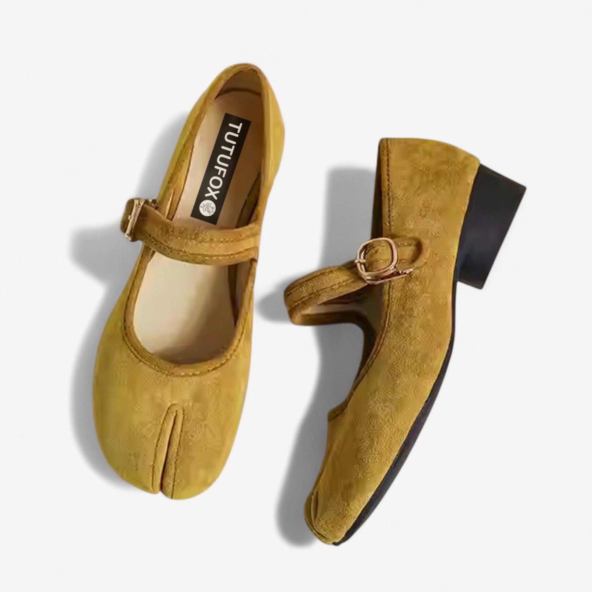 Velvet Yellow Suede Mary Jane Block Heel Split Toe Tabi - tutufox - tabis