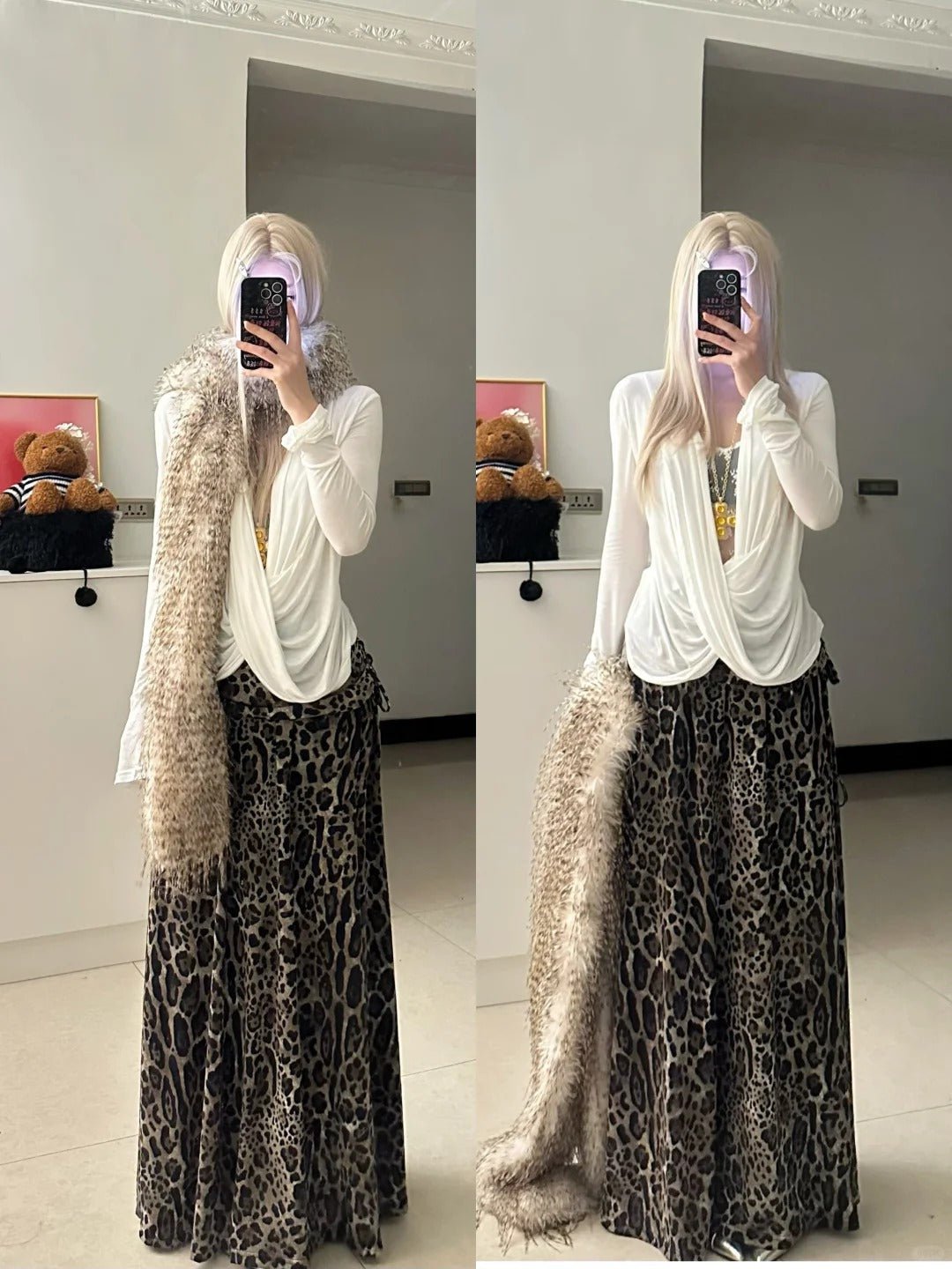 White Crossover Top with Leopard Skirt and Fur Scarf Y2K Outfit - tutufox -
