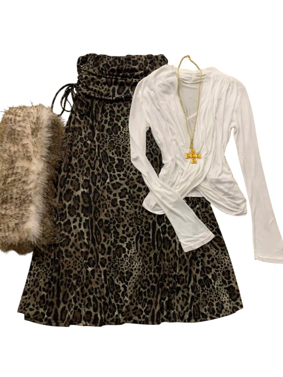 White Crossover Top with Leopard Skirt and Fur Scarf Y2K Outfit - tutufox -