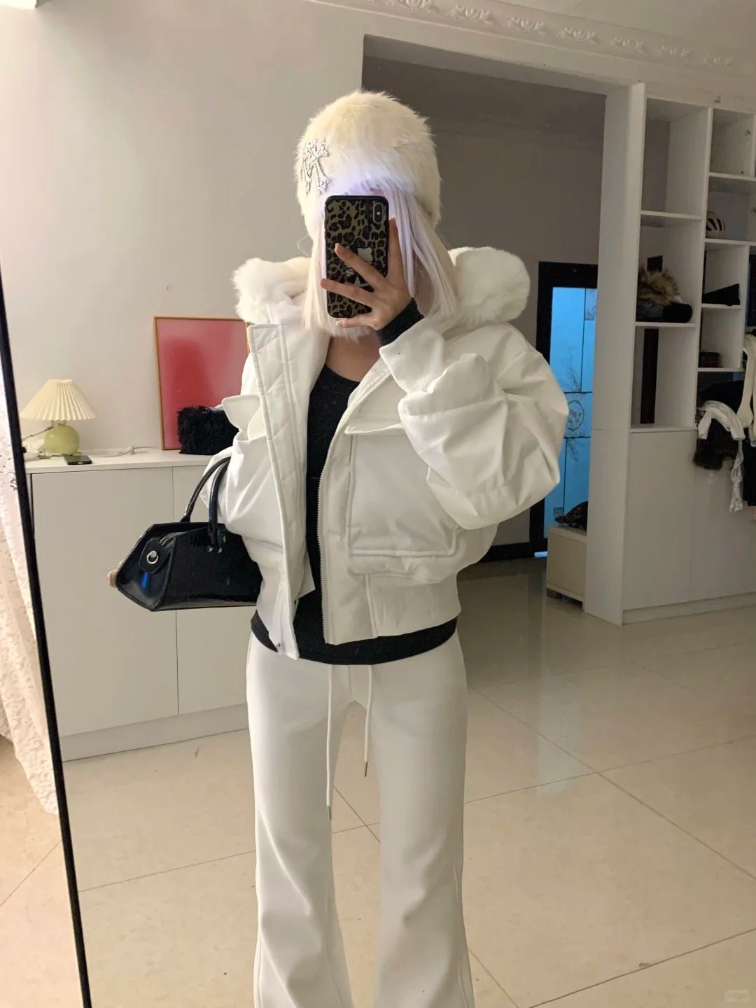 White Fur - Collar Short Jacket with Black Top and White Flared Pants Y2K Outfit - tutufox -