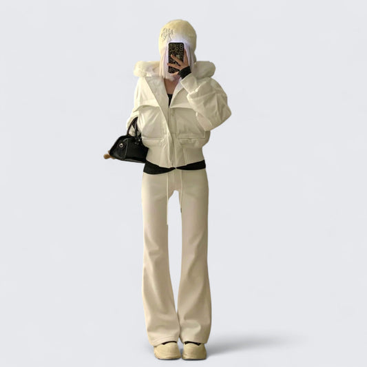 White Fur - Collar Short Jacket with Black Top and White Flared Pants Y2K Outfit - tutufox -